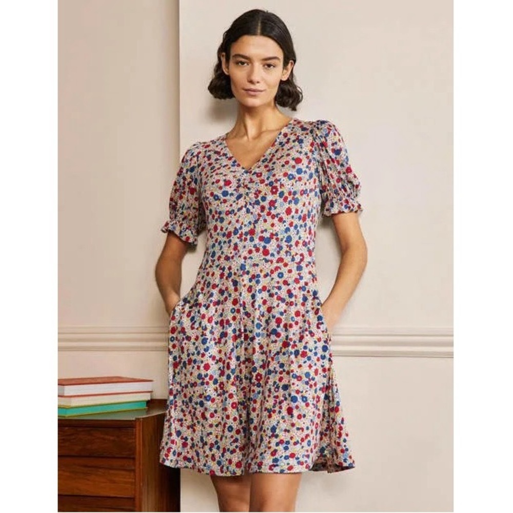 Boden V-Neck Jersey Mini‎ Dress in Riviera Blue Floret Cluster